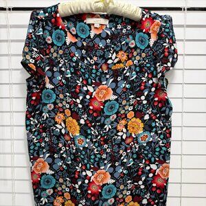 Loft Women's ruffled sleeve multicolor round neck floral blouse; Size M